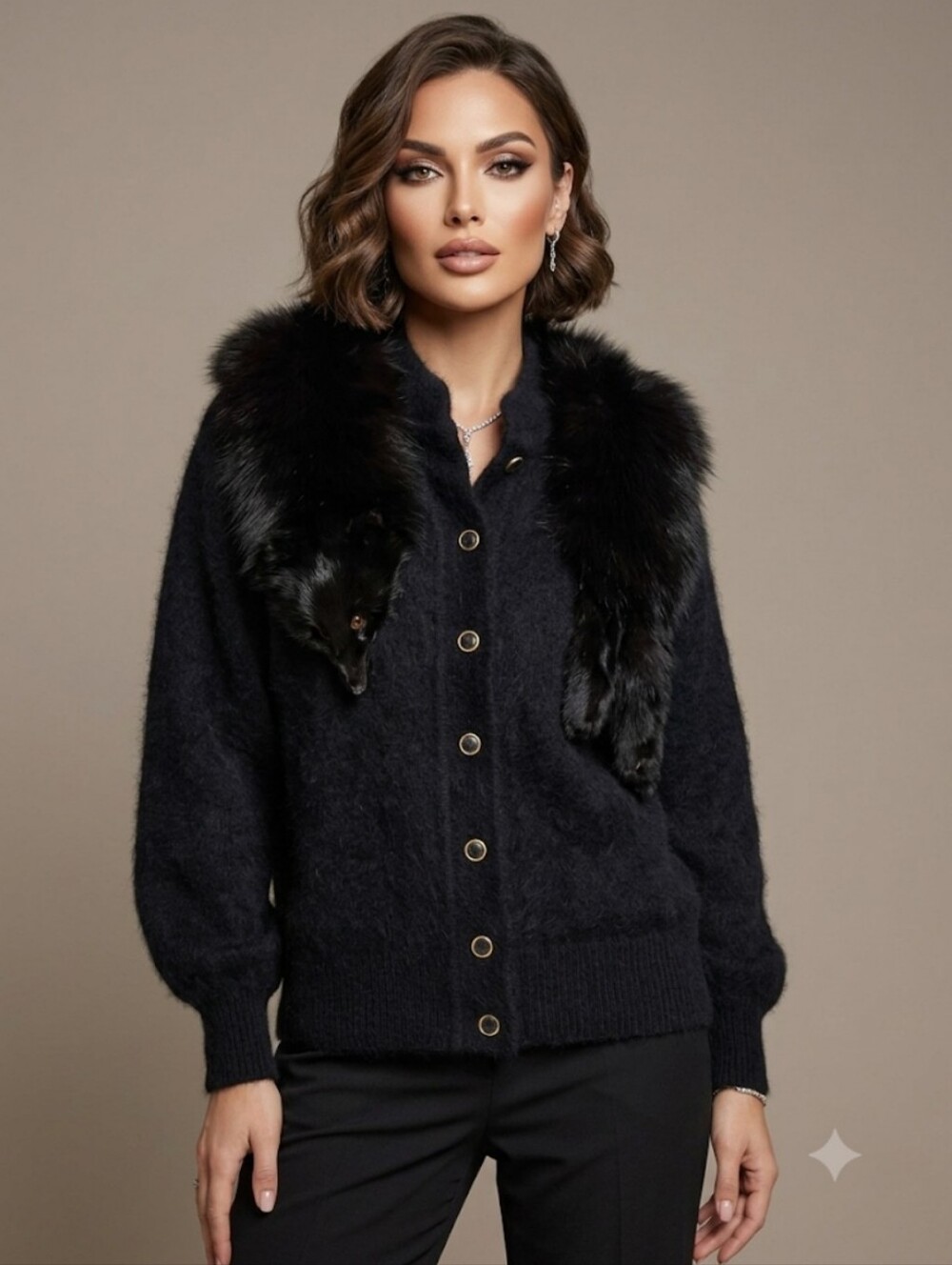 Vintage 90s Zell Ucci Black Angora Cardigan w/Real Silver Fox Pelt Collar Size M